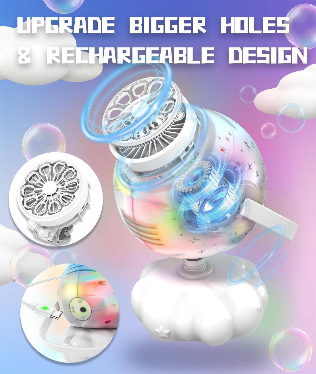 Rechargeable Bubble Machine with Colorful LED Light - Make Large Bubbles - 600mL Automatic Bubble Maker for Kids - Outdoor Party