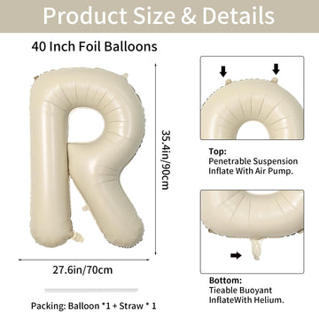 Biapian 40 Inch Letter R Balloons, Giant Cream R Foil Balloon, Big Single Alphabet A-Z Balloons, Beige Large Aluminum R Balloons