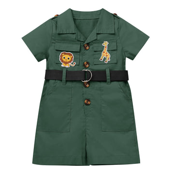 Idopip Baby Girls Wild Safari Outfit First Birthday Romper + Hat Jumpsuit Toddler Summer Party Clothes Set Overall Shorts Photo Shoot Bodysuit With Belt Green 6-12 Months