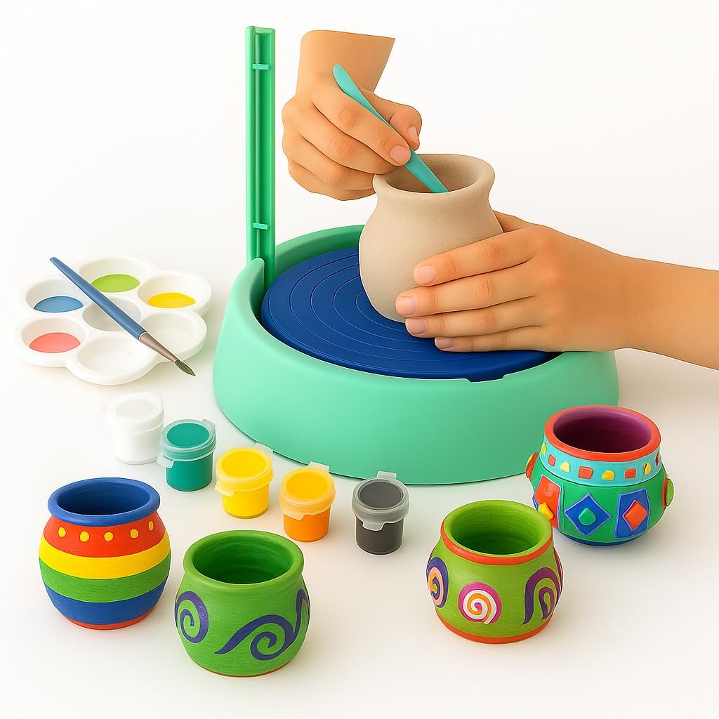 Kitaino Kids Pottery Wheel Kit  Diy Battery Operated Pottery Making & Painting Set With Modeling Clay, Sculpting Tools, Pot Mak