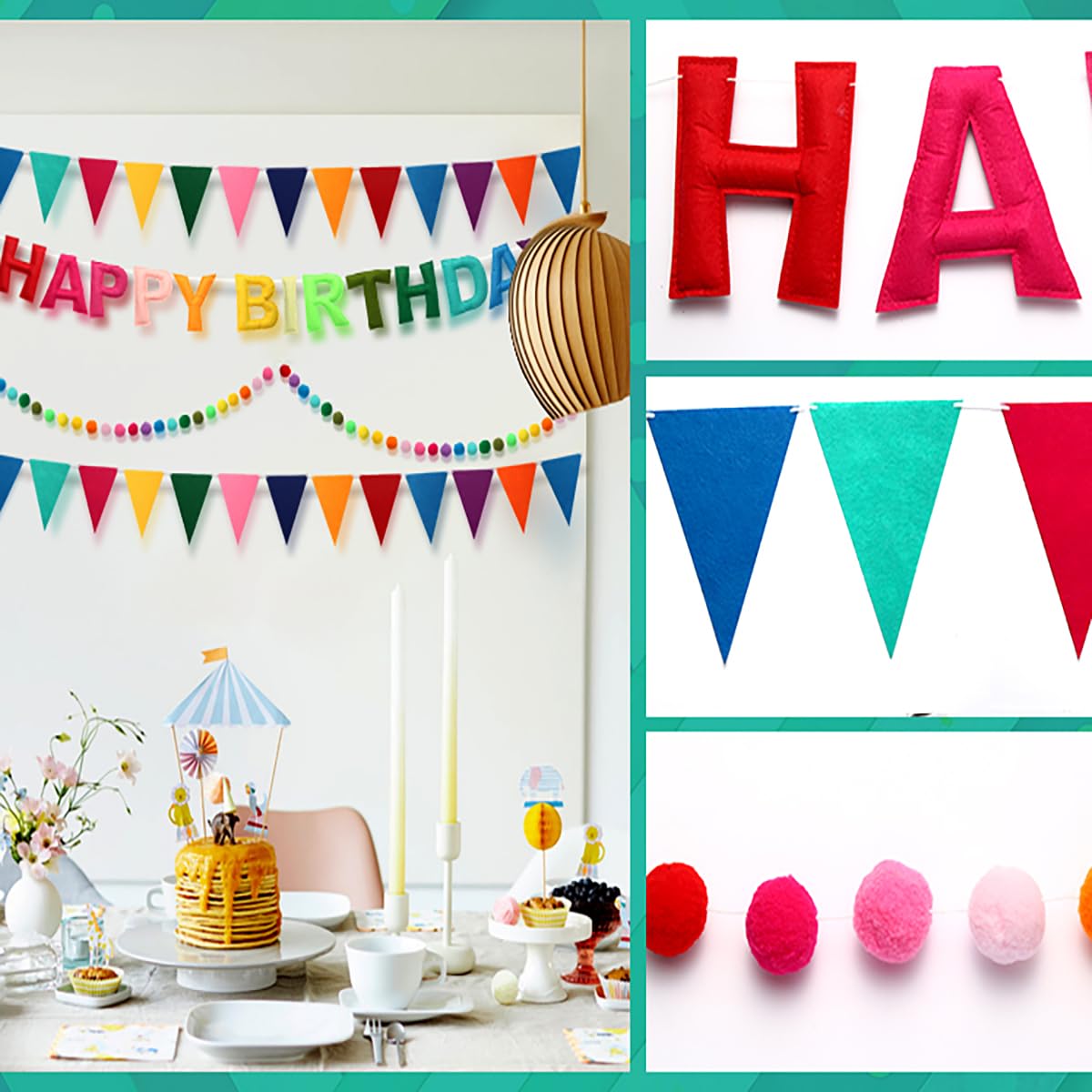 Pre-Strung Happy Birthday Banner, Felt Ball Garland HAPPY BIRTHDAY Garland, Rainbow Birthday Decorations Birthday Decor Party Pe