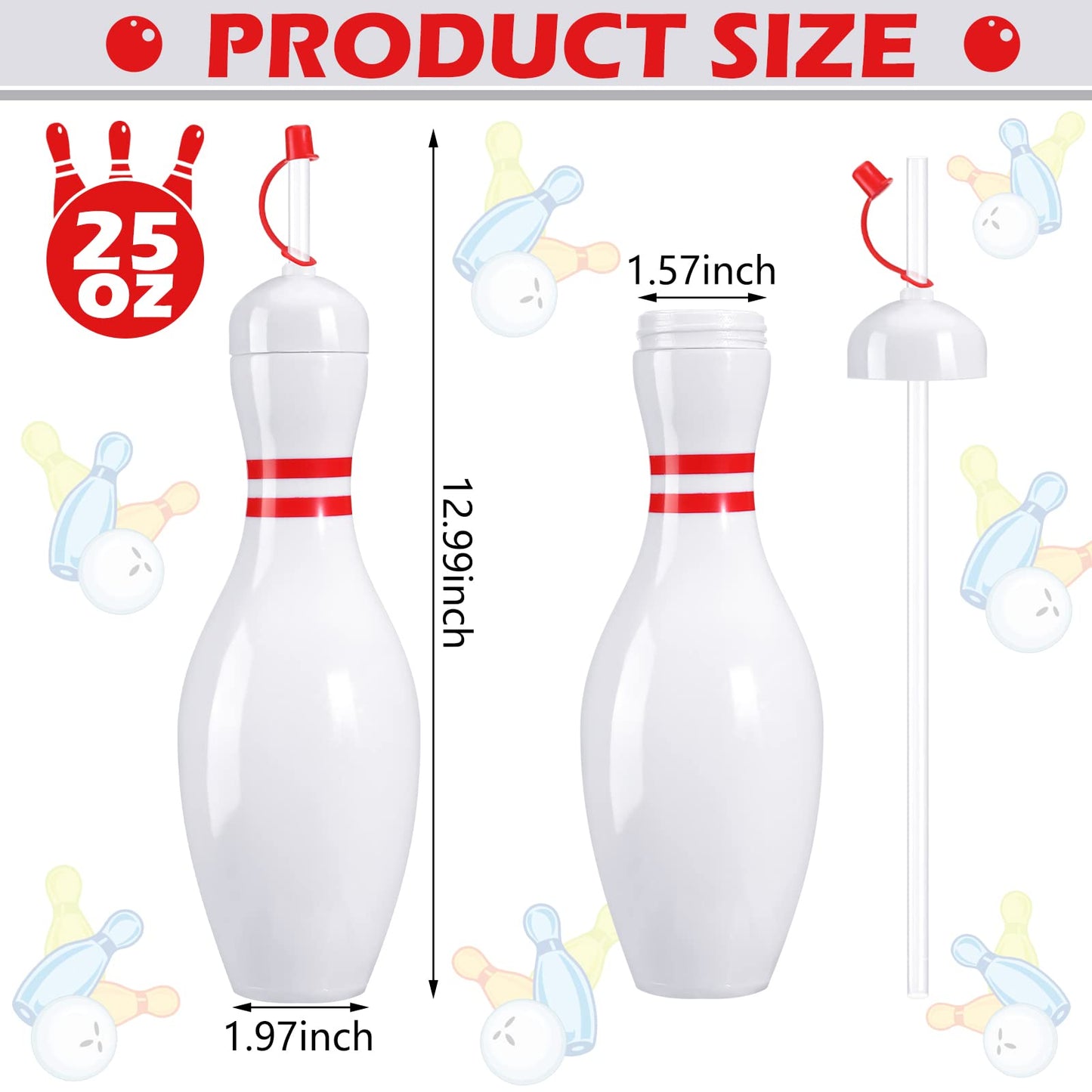 Funtery 24 Set Bowling Lovers Gifts for Men Women 25 oz Reusable Bowling Pin Plastic Water Bottles with Straws and Lids Sports F