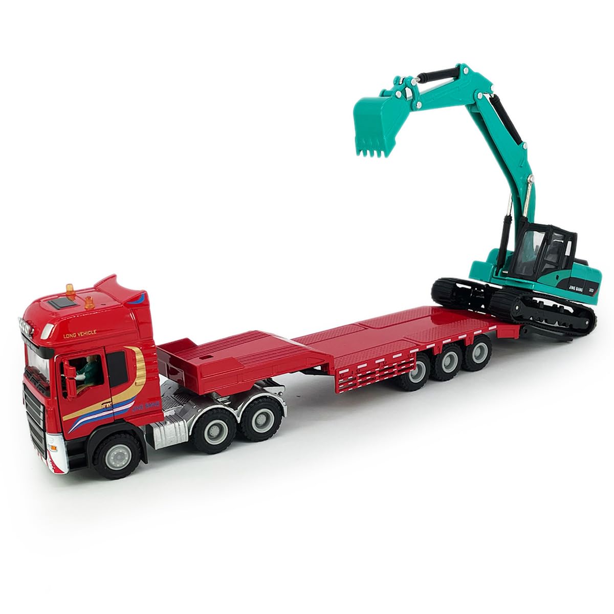 Flatbed Truck Toy with Crawler Excavator Toy Tractor Semi Tow Truck Transport Trailer Metal Diecast Construction Vehicles 2 in 1