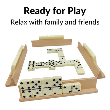 Uvcany Dominoes Set Adults With 4 Wooden Racks/Trays Double Six Dominoes Travel Set With Portable Case Double 6 Dominoes Set With 4 Tiles Holders 28 Tiles Dominos Set Family Classic Board Games White