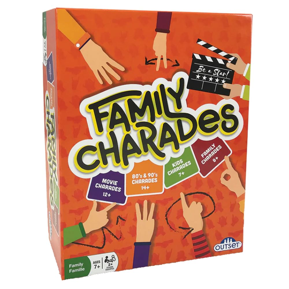 Outset Media Family Charades Game - 4 Games in 1 Box, Trivia for Ages 7+, Orange, Model 11168