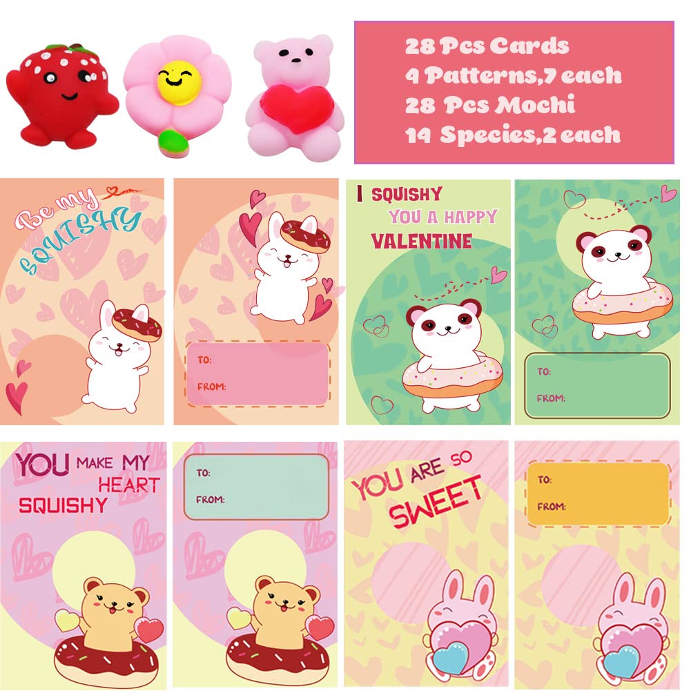 Dinesil 28 Packs Valentine'S Kawaii Mochi Squishy Toys With Cards, Mini Squishy Animal Squishies Stress Relief Toy For Kids Vale