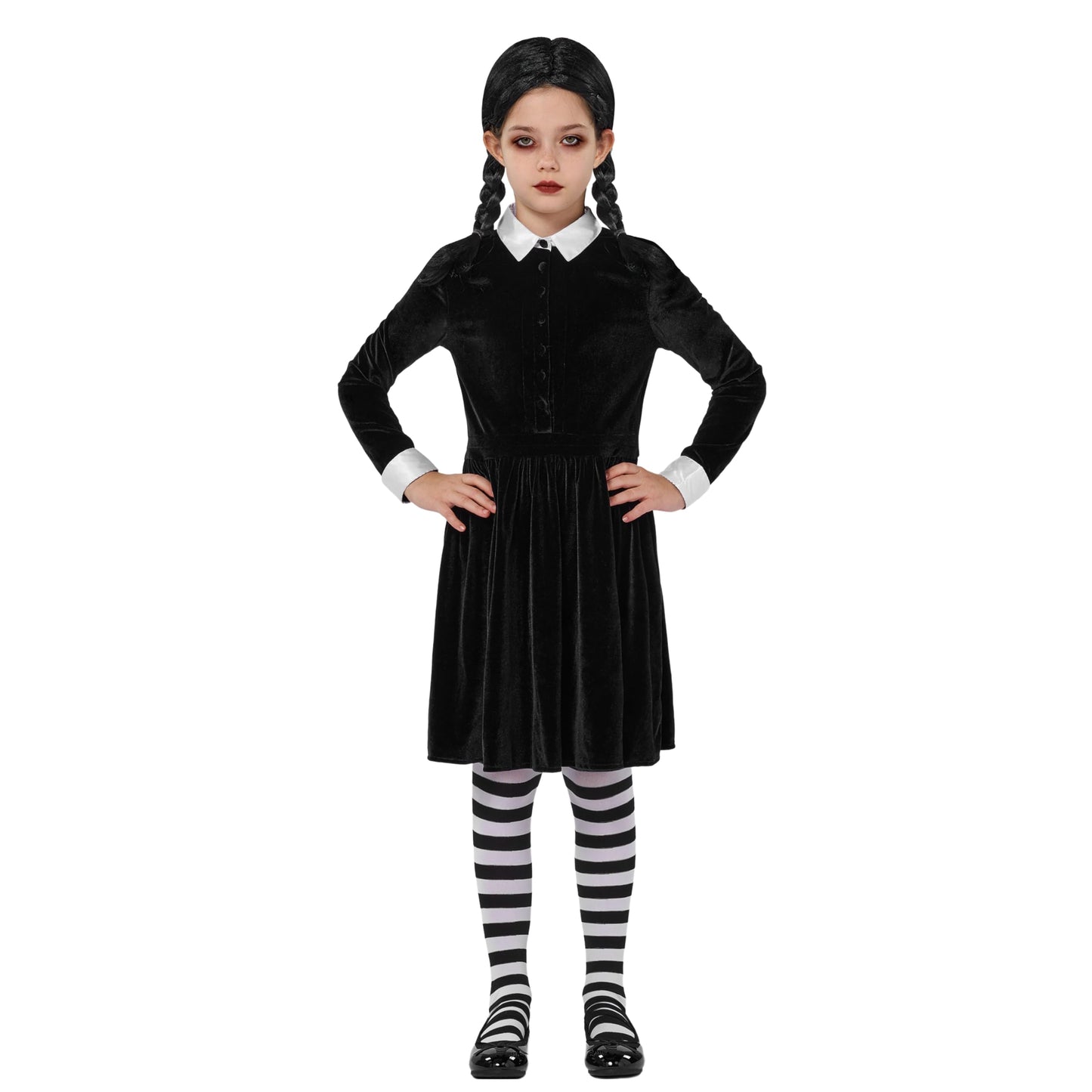 Spooktacular Creations Girls Collar Black Dress, School Girl Costume With Wig, Long Sleeve Velvet Skater Dress For Kids Toddler Halloween, Cosplay Themed Party (Medium, 8-10 Yrs)