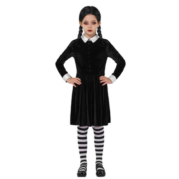 Spooktacular Creations Girls Collar Black Dress, School Girl Costume With Wig, Long Sleeve Velvet Skater Dress For Kids Toddler Halloween, Cosplay Themed Party (Medium, 8-10 Yrs)