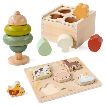 Pairpear Educational Toys Set 3 In 1 - Wooden Toys Shape Sorter Cubes - Activity Stacking Toys - Animal Todder Puzzles - Classic Learning Toys Gift For Baby 1 Year Old And Up.