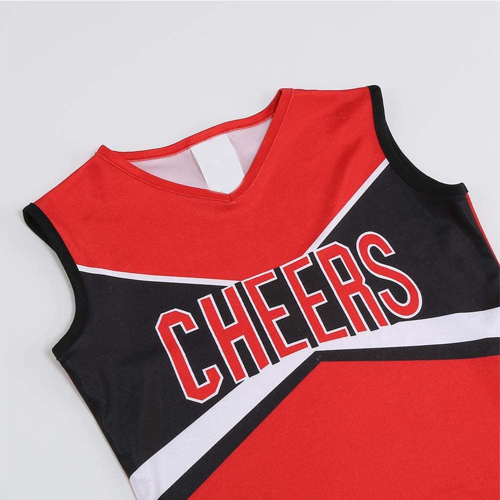 Lmyove Cheerleader Costume For Girls, Cheerleading Outfit For Kids With Pom Pom, Child Halloween Costume Dress Uniform, Red & Black, 10-11Y