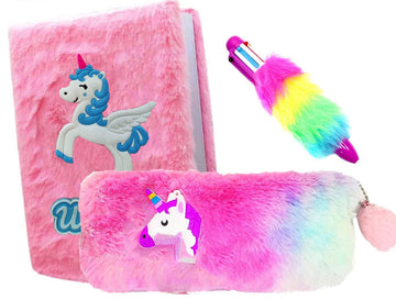 Neel 3 Pieces Unicorn Stationery For Girls Unicorn Fur Diary For Girls | Unicorn Fur Pencil Pouch For Girls | 6In1 Fur Pen For K