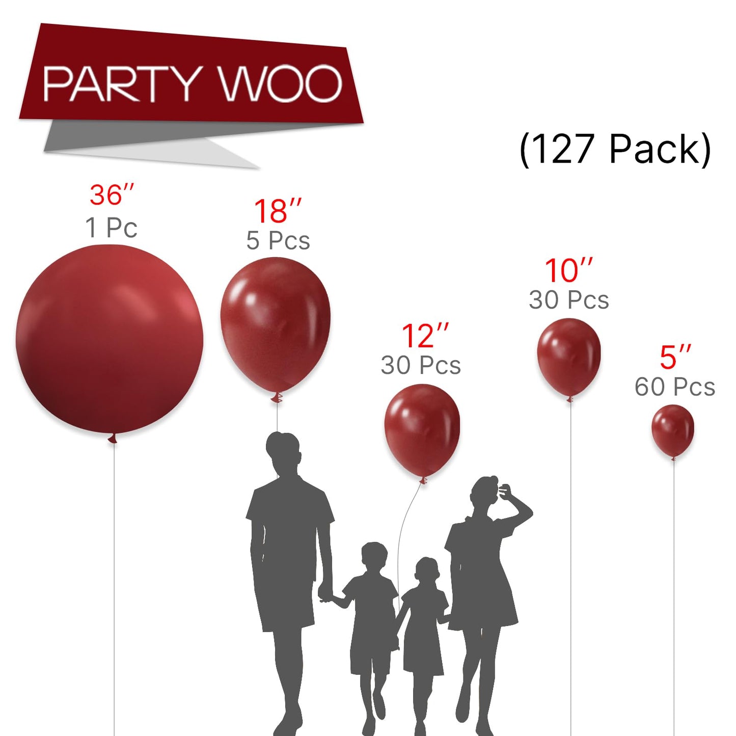 Partywoo Ruby Red Balloons, 127 Pcs Dark Red Balloons Different Sizes Pack Of 36 Inch 18 Inch 12 Inch 10 Inch 5 Inch Maroon Balloons For Balloon Garland Or Balloon Arch As Party Decorations, Red-Y75