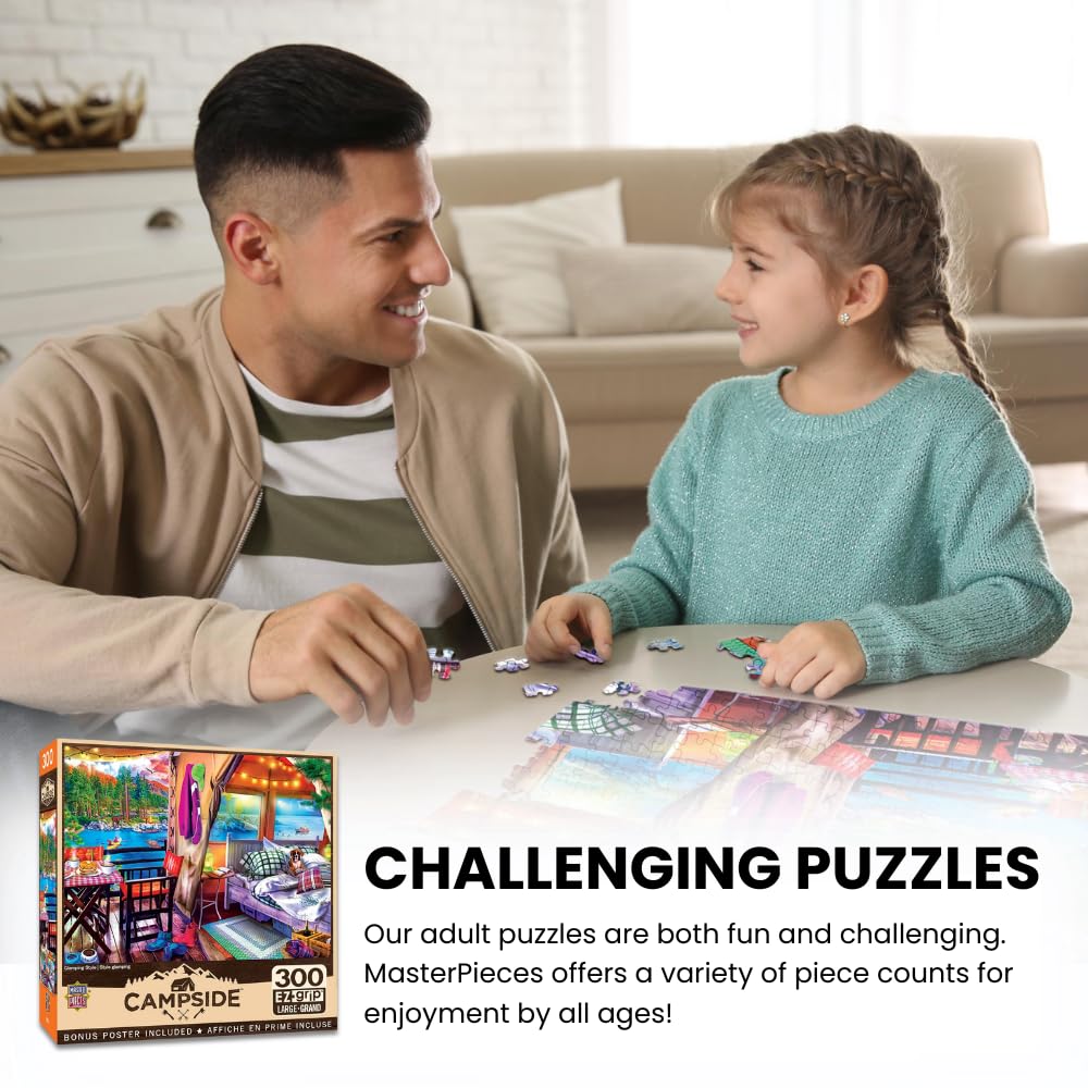 MasterPieces 300 Piece EZ Grip Jigsaw Puzzle - Glamping Camping Girls Family Weekend - 18x24 - Fun for All Ages - Assorted Colors