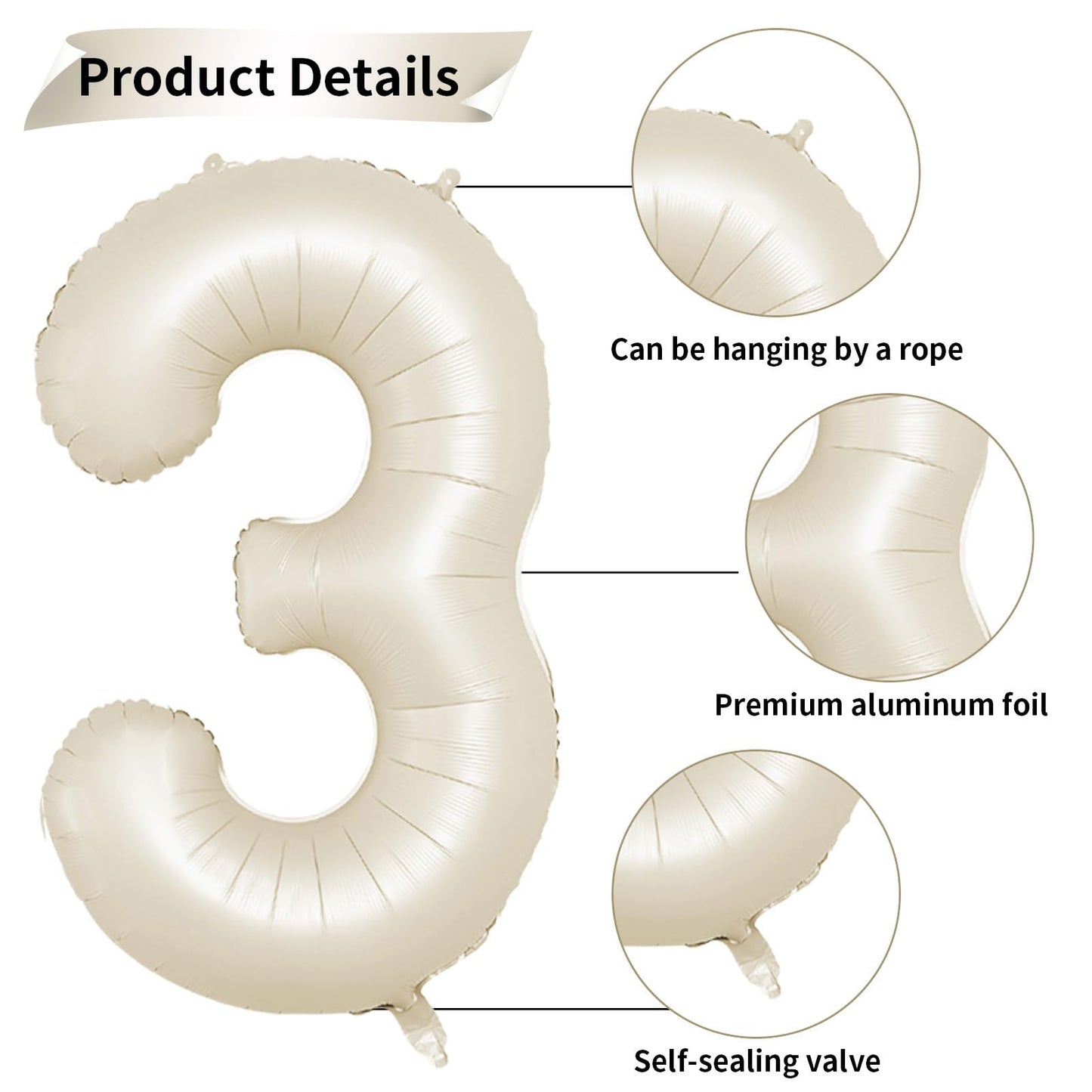 40 Inch Cream Number 3 Balloon, Beige Large 3Rd Birthday Balloons, Digital 3 Cream White Giant 3 Foil Balloon Helium For Boys Gi