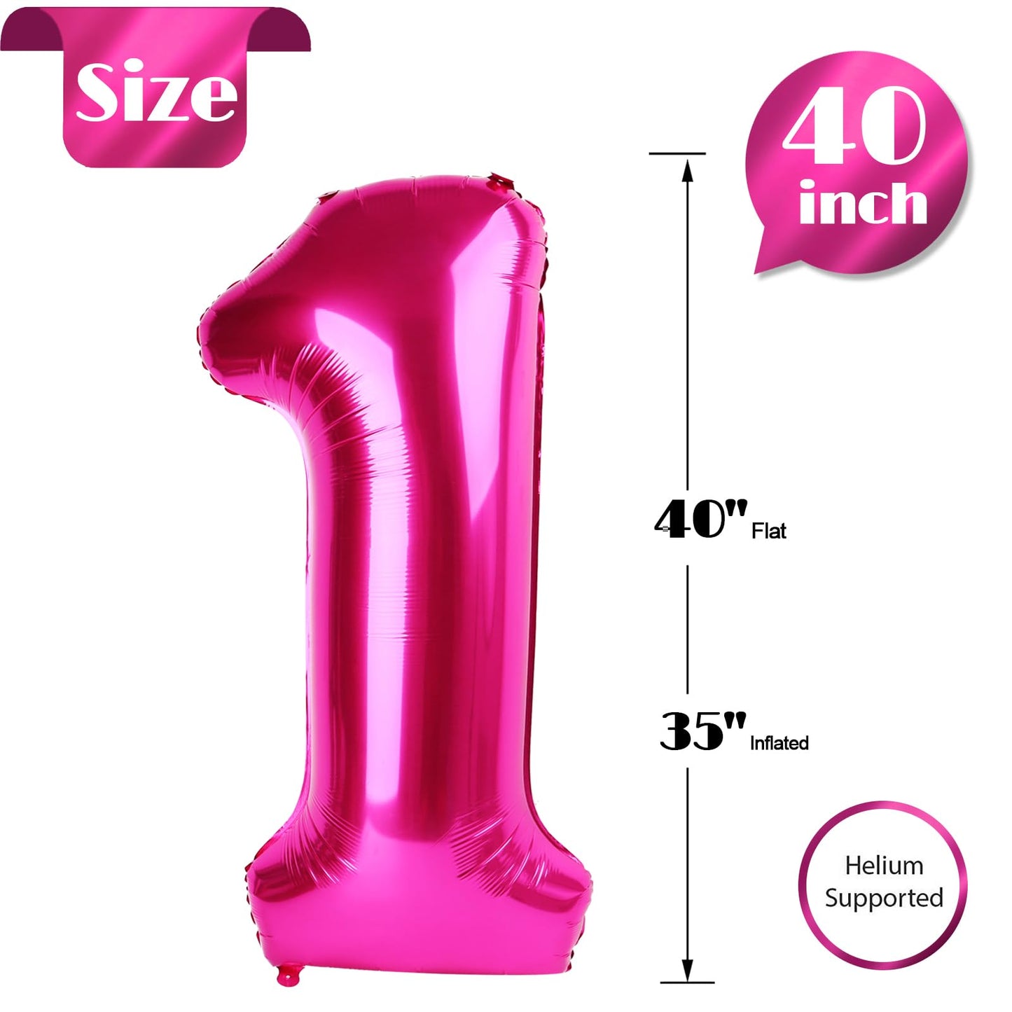 Hot Pink Number 1 Balloon For First Birthday 40 Inch, 1St One Number Balloons Birthday Decorations For Girl Boy Toddler Baby
