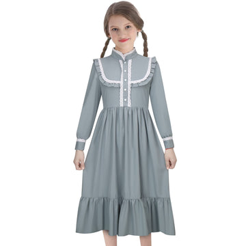 Todollcos GirlsHarriet Tubman Costume Pioneer Colonial Dress Victoria Retro Rustic Skirt Kids Cosplay Outfits Party (Blue, 120cm