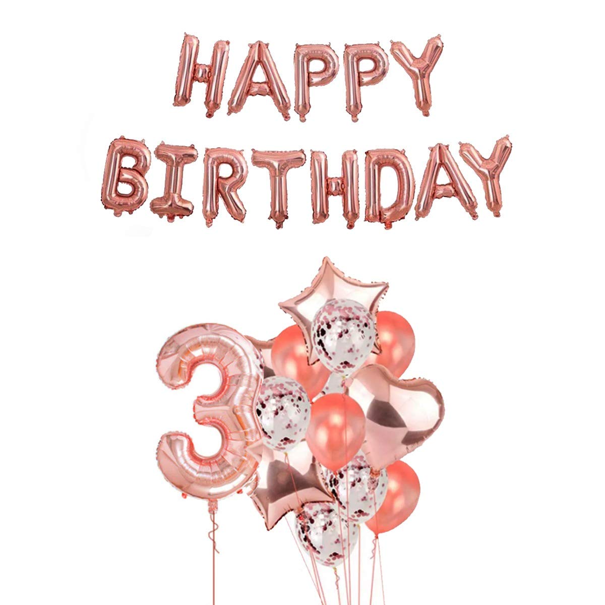 Pop The Party 3rd Year Birthday Party Decorations Rose Gold Supplies Big Set with Happy Birthday Balloons Banner and 3 Digit Bal