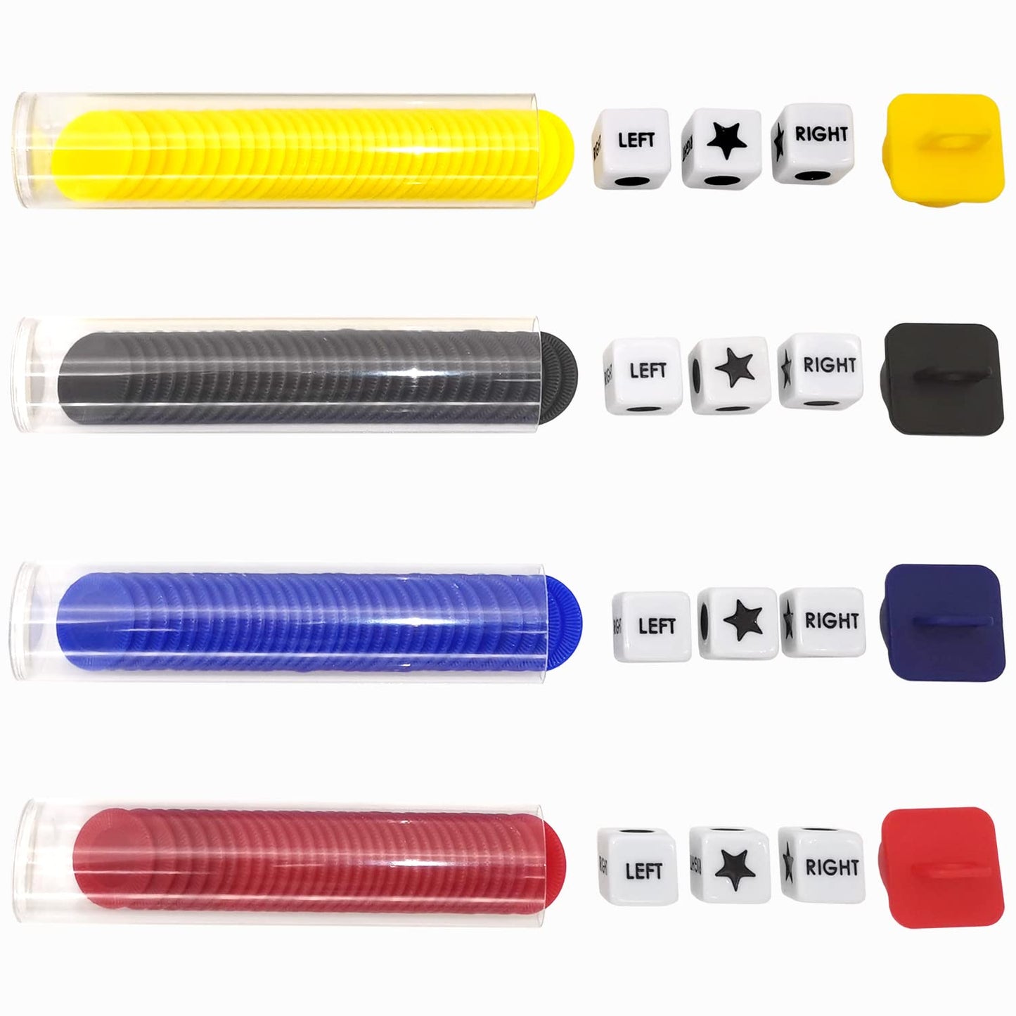 Ahoper Left Right Center Dice Game Prime Set Bundle With 3 Dices + 36 Chips. Round Tube Storage Is Very Convenient For Travel. Easy To Store, Carry Around. (4 Pack)