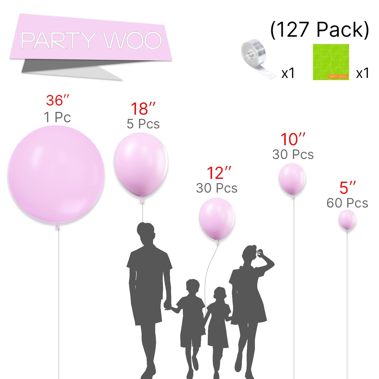 Partywoo Pastel Purplish Pink Balloons, 127 Pcs Pink Balloons Different Sizes Pack Of 36 Inch 18 Inch 12 Inch 10 Inch 5 Inch Pink Balloons For Balloon Garland Or Arch As Party Decorations, Pink-Q04