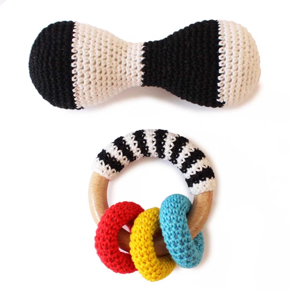 Shumee Wooden Organic Crochet Shaker Baby Rattle Toy (0 Months+) | Multicolor | Eco Friendly Natural | 100% Child Safe | Handcra