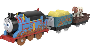 Thomas & Friends Motorized Toy Train Muddy Thomas Engine With Cargo Cars & Cow For Preschool Pretend Play Kids Ages 3+ Years