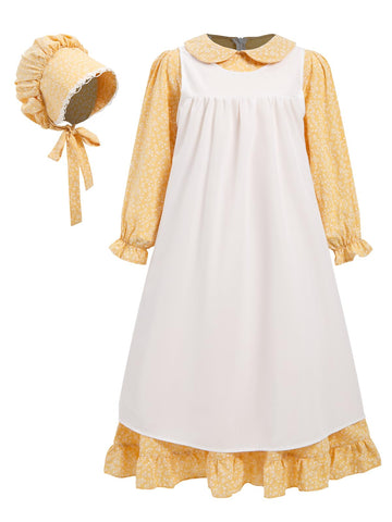 Pioneer Dresses For Girls Prairie Colonial Costume Long Sleeves Laura Ingalls Pilgrim Costume Yellow 7-8Y