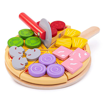 Bigjigs Toys Wooden Cutting Pizza with Wooden Toppings and Pizza Slicer - Play Food and Role Play for Kids