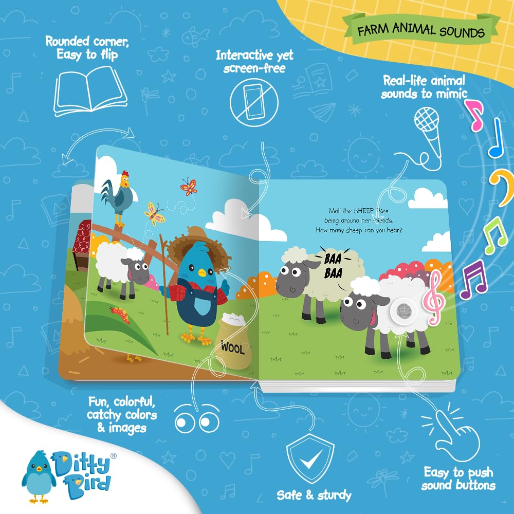 Ditty Bird Farm Animals Sound Book For Toddlers | Interactive Farm Board Book With Real Animal Sounds | Touch & Sound Book For A