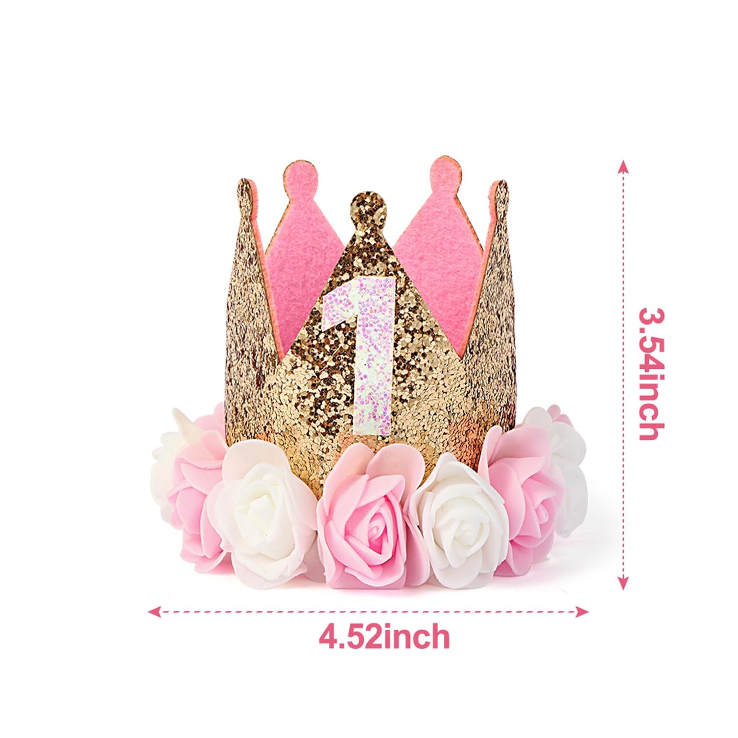 Charmory 1st Birthday Crown for Girls, Princess Party Hat with Floral Design, Baby Girl First Birthday Headband, Soft Sparkling