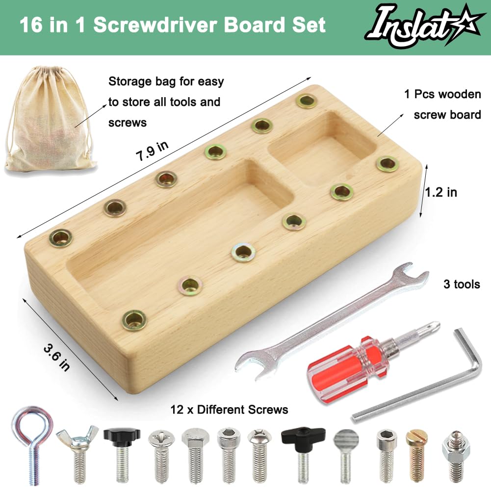 Inslat Montessori Screwdriver Board Set, Wooden Montessori Toys For 3 4 5 Year Old Kids, Educational Screw Board Sensory Learnin