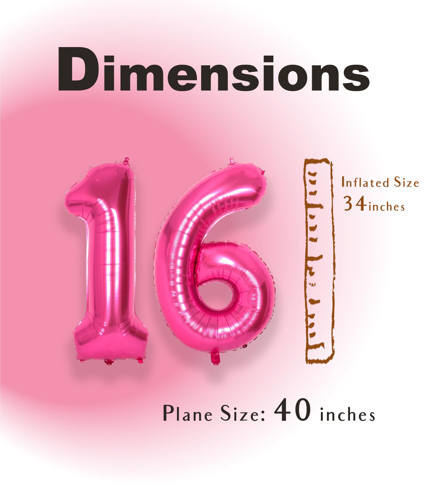 Suwen 40 Inch Hot Pink Large 16 Number Balloons Big Foil Helium Number Balloons 0-9 Jumbo Happy 16Th Mylar Birthday Party Decora