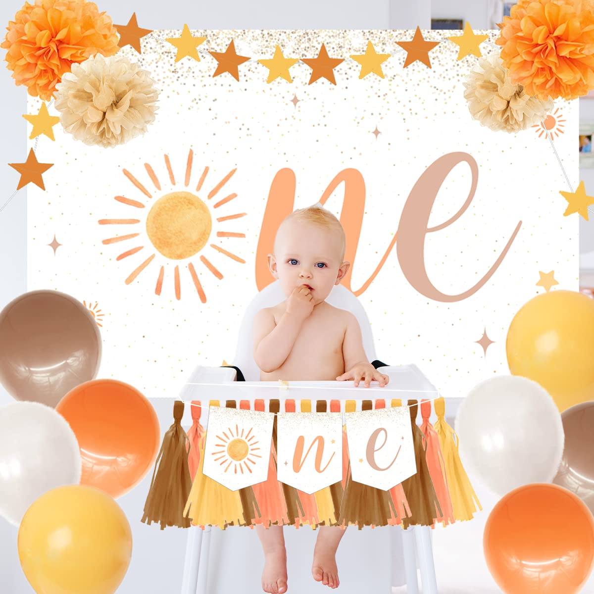 First Trip Around The Sun Set-Boho Sun 1St Birthday Party Decor With Sun Backdrop Banner, Balloons For Kids Birthday Party,Sun B
