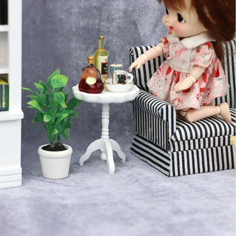 Miniature Dollhouse End Table 1:12 Scale Wooden Furniture Round Side Tea Table Model For Dollhouse Living Room Scene Decoration (White)