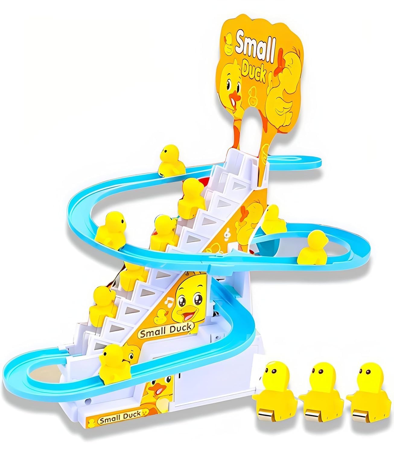 Hitlo Toys Duck Track Toy Set with Climbing Stairs and Slide, Music and LED Lights, Blue and Yellow, for Kids Boys and Girls 3+ 