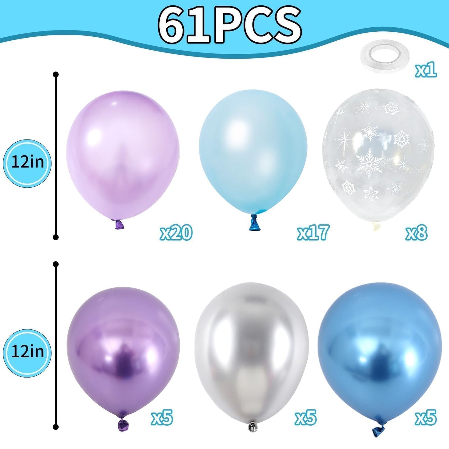 Blue Purple Silver Balloons, 60Pcs Frozen Balloons Metallic Purple Blue Silver Balloons With Pearl Blue Purple Snowflake Print P