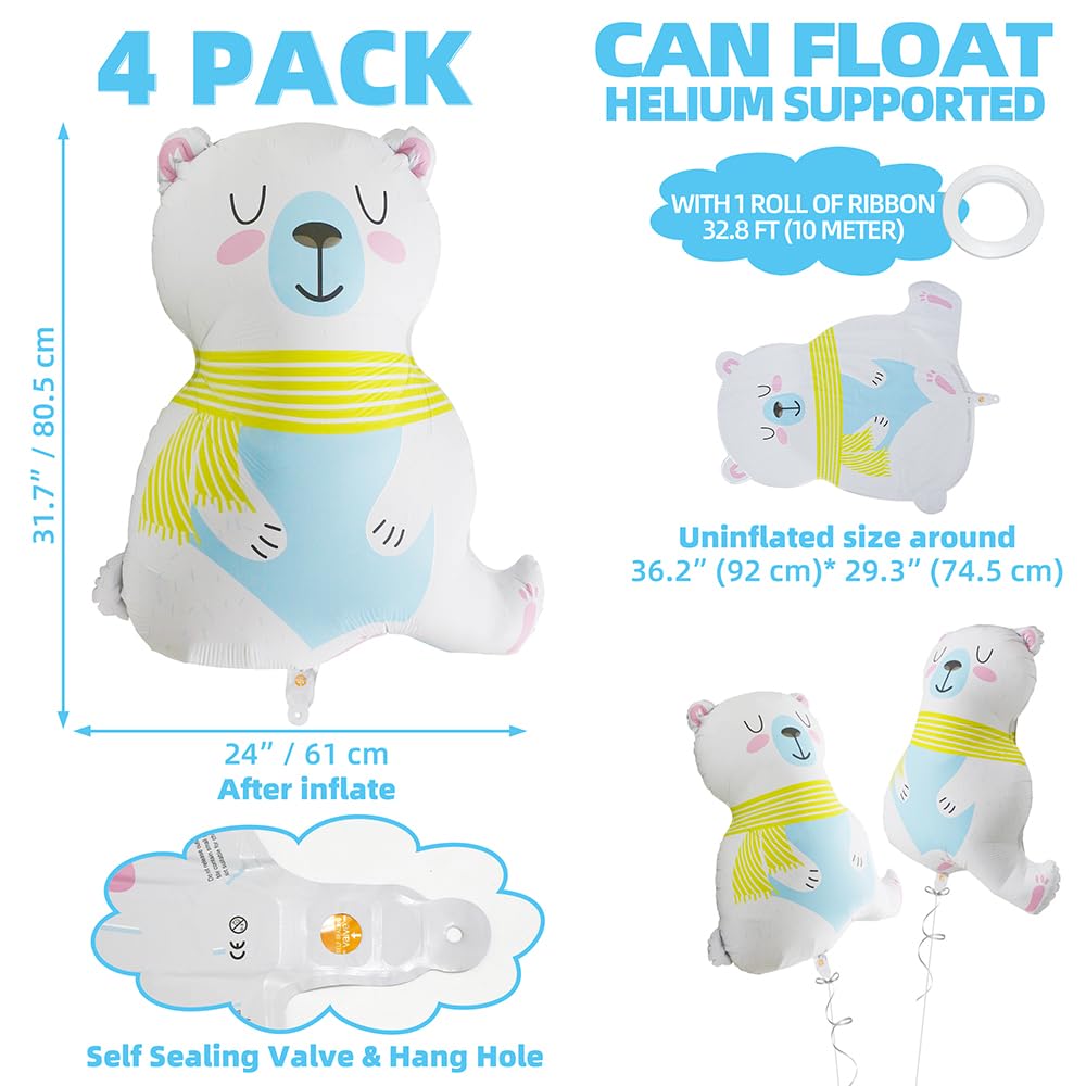 Giant Polar Bear Balloon Winter Animal Balloon For Birthday Supplier Bridal Baby Shower Wedding Decorations, 4 Pack Wild One Jun