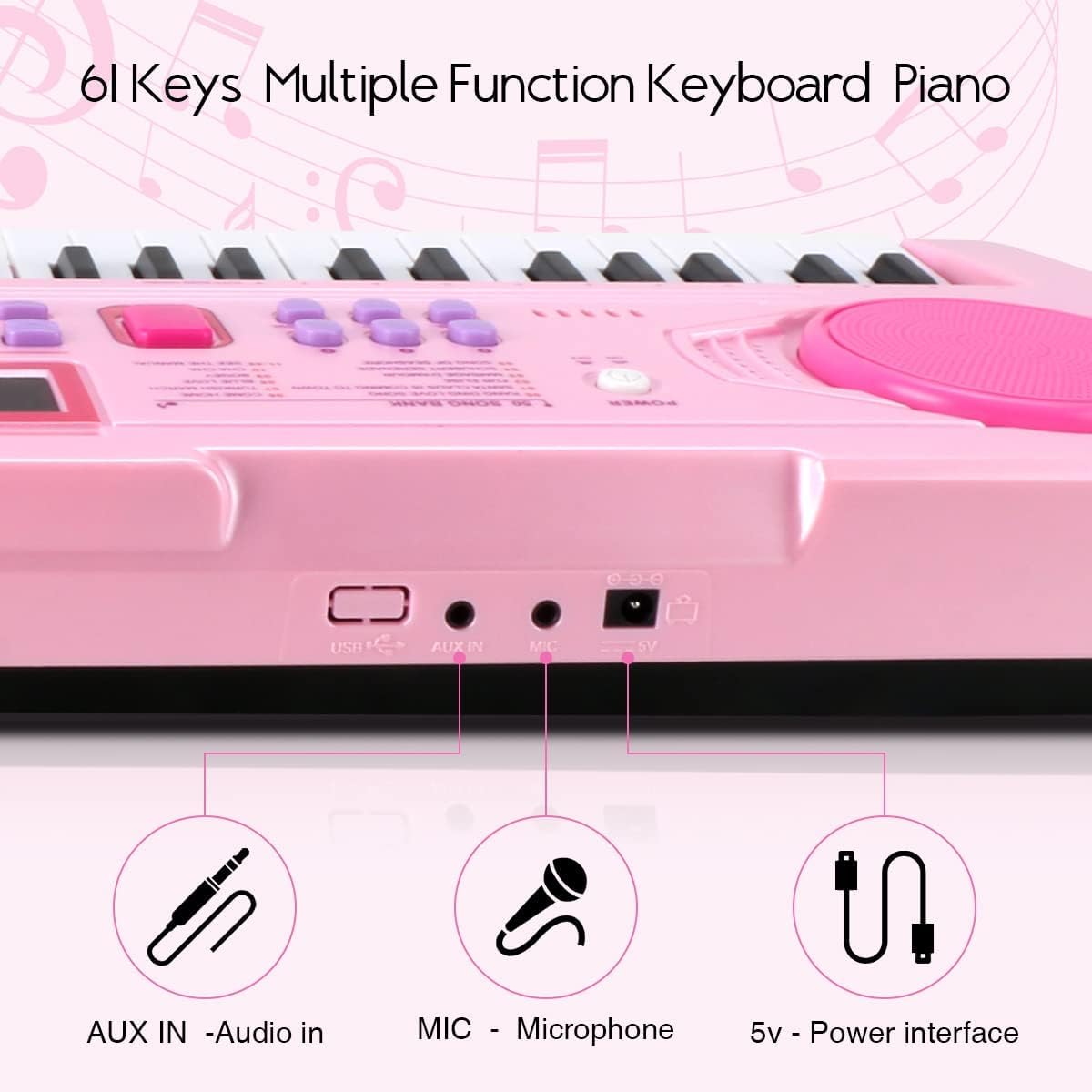 WOSTOO 61-Key Kids Keyboard Piano, Portable Pink Electronic Toy with Microphone & Music Stand, Ideal for Beginners
