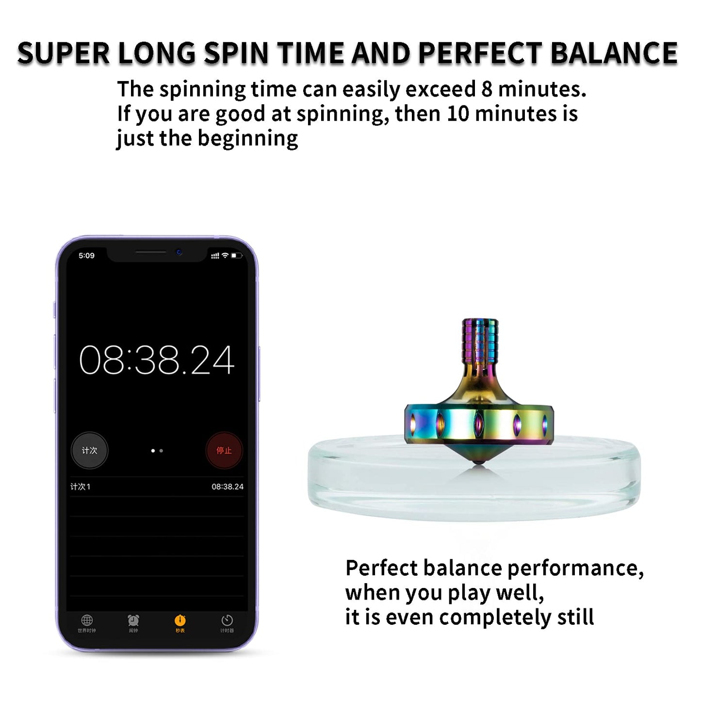 CHEETOP Precision Metal Spinning Top  Long Lasting Spin Time and Perfect Balance  Skilled mature-themed Easily Exceed 10 Mins  Portable Stainless Steel EDC Office Desktop Game Toys (L  Iridescent)