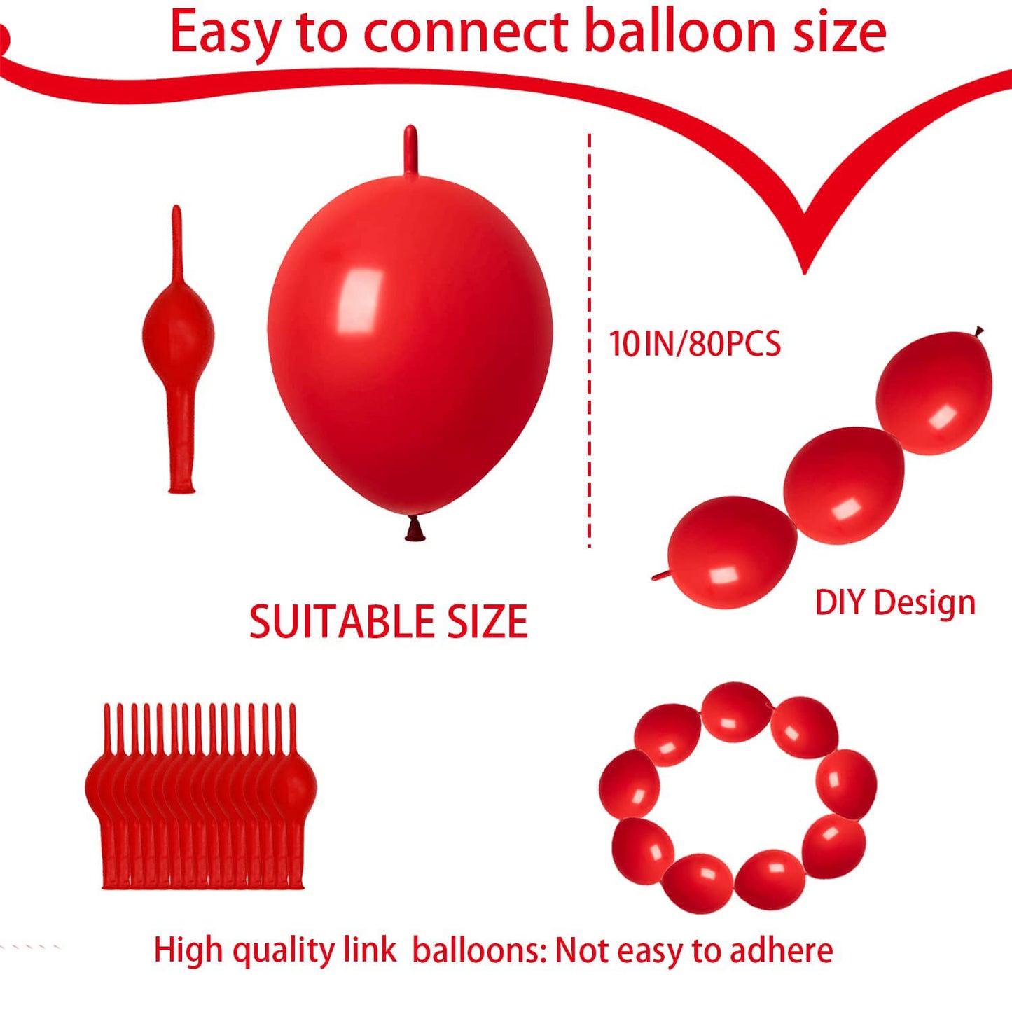 Adido Eva Link Balloons Red 10 Inch Latex Quick Linkale Balloon 80 Pcs For Birthday, Halloween, Christmas, Party Festival Decora