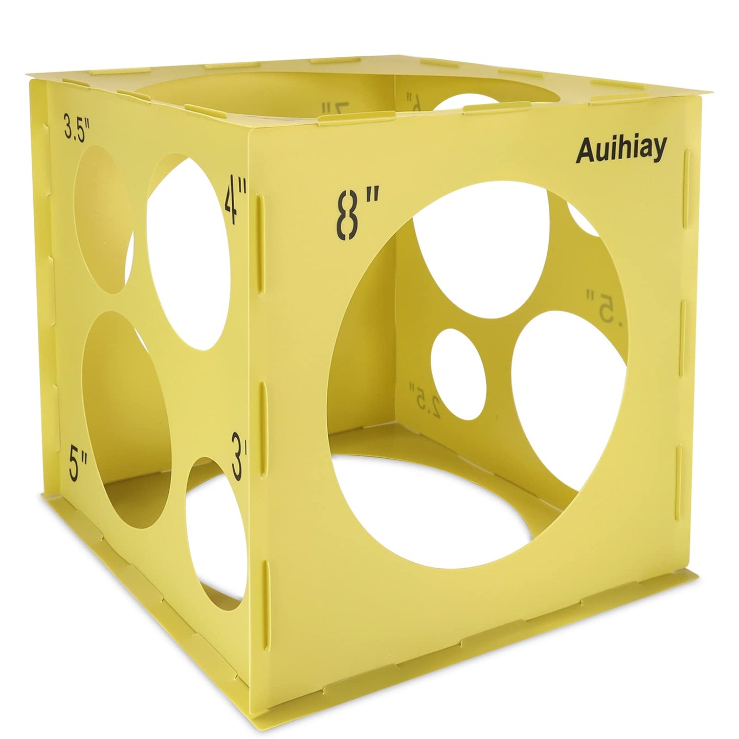 Auihiay 14 Holes Plastic Balloon Sizer Box Cube, Yellow Collapsible Balloon Size Measurement Tool For Balloon Arches, Balloon Towers, Balloon Columns And Balloon Decorations (1-10 Inch)