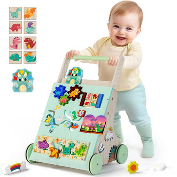 Terramus Wooden Baby Walker, Dinosaur Toddler Push Walker, Montessori Learning Activity Center For Boys Girls, Develops Motor Sk