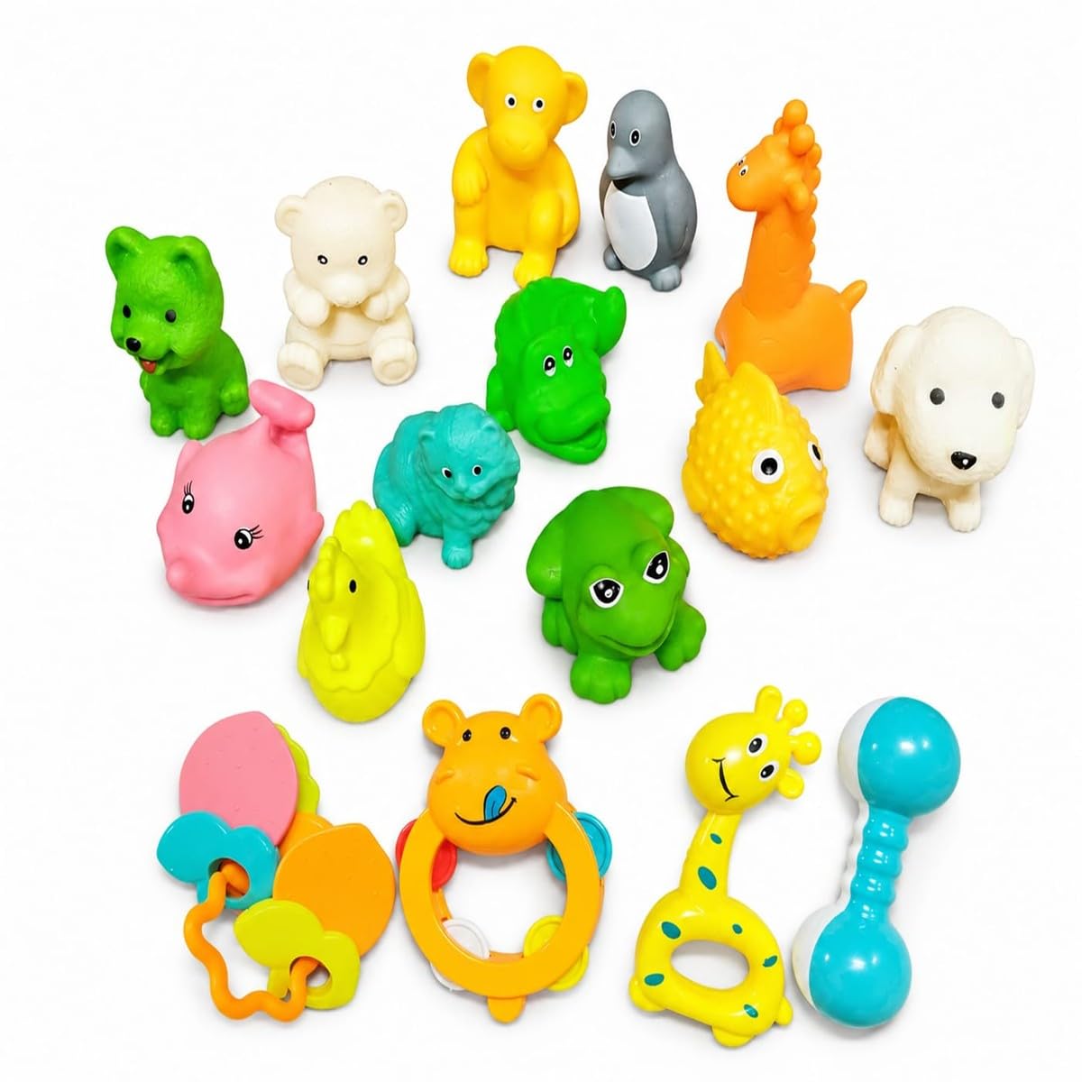 16 Pcs Baby Bath Toys & Rattle Set For Infants | Soft Squeeze Animal Toys & Colorful Hand Rattles | Early Learning Sensory Toys 