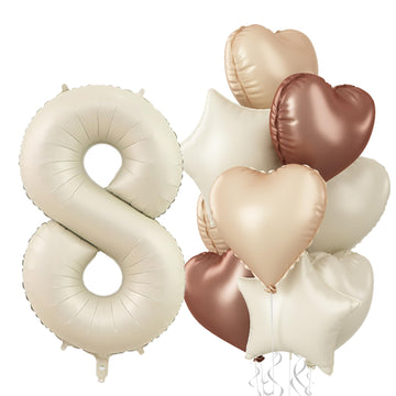 Nude 8 Balloons Decor For Girls, Beige Apricot Brown Tan Heart Balloon, Sand White 8 Balloon Boho Decor, Neutral Cream Foil Star