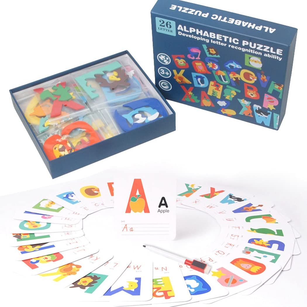 YHomU Spell Word Game Educational 53PCS Cartoon Interactive Funny Portable Alphabet Spelling Cards Wooden Letter