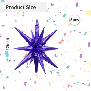 6 Pcs Purple Star Foil Balloons One-Piece 14-Pointed Star Balloons 4D Starburst Cone Mylar Balloons 22Inch Christmas Birthday We