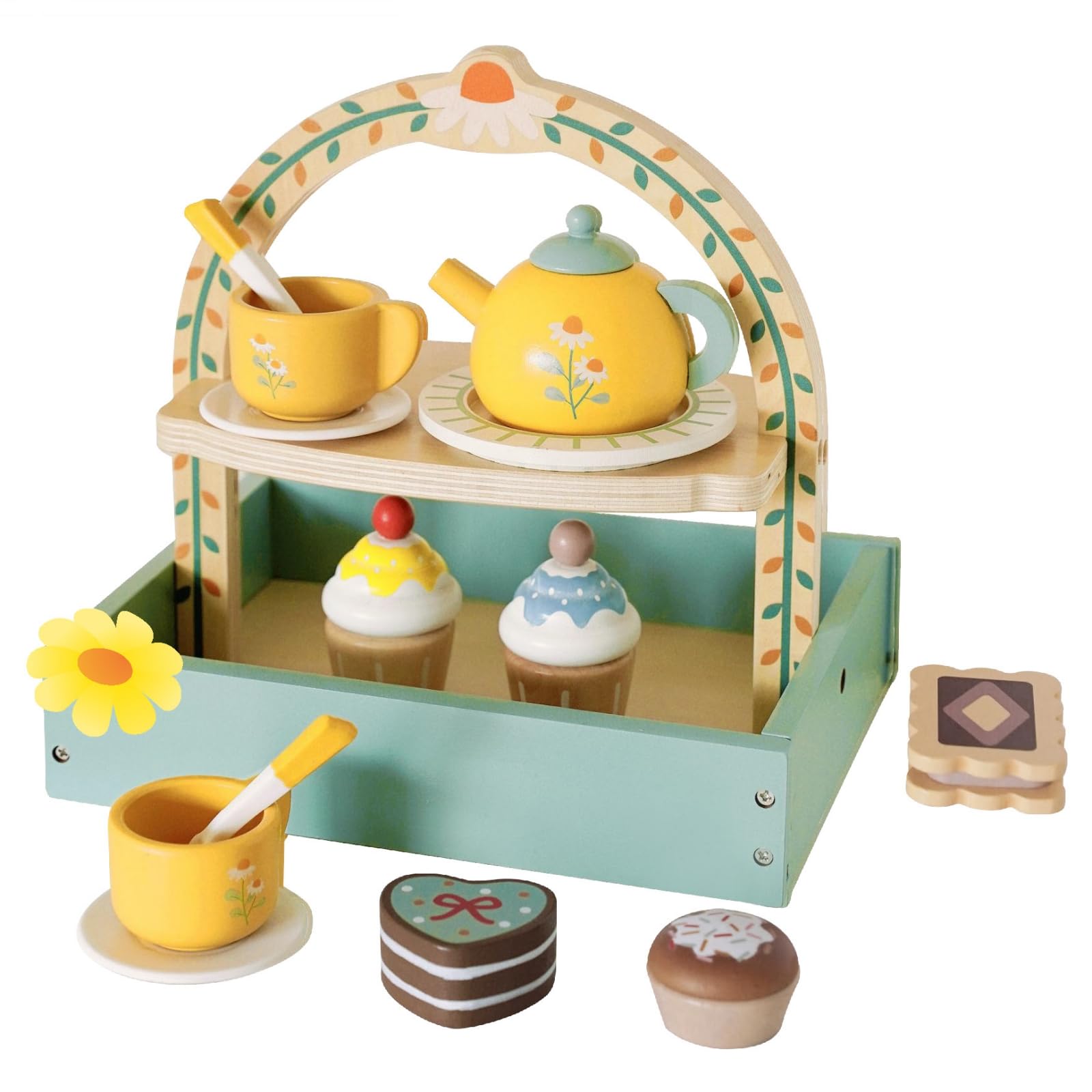 Wooden Dessert Cake Tea Party Set for Little Girls Toys, Pretend Play Kids Tea Set for Toddlers Wood Toys, Wooden Play Food Kitc
