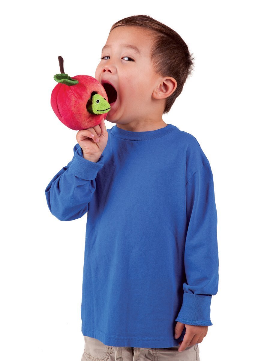 Folkmanis Worm In Apple Finger Puppet, Red, Green, 8''