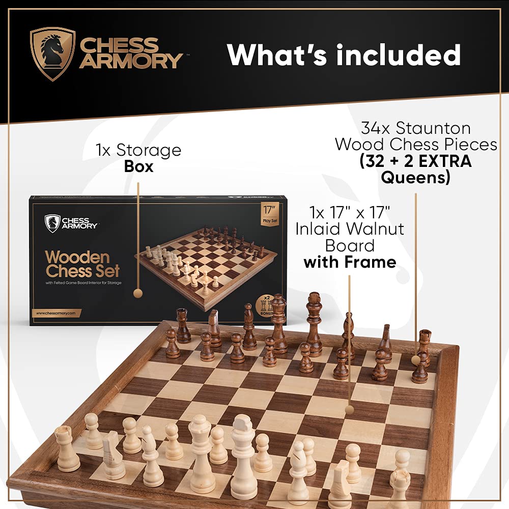 Chess Armory Wooden Chess Set - 17" Walnut Chess Board for Adults & Kids, Ivory Color, Includes Extra Queen Pieces & Storage Box