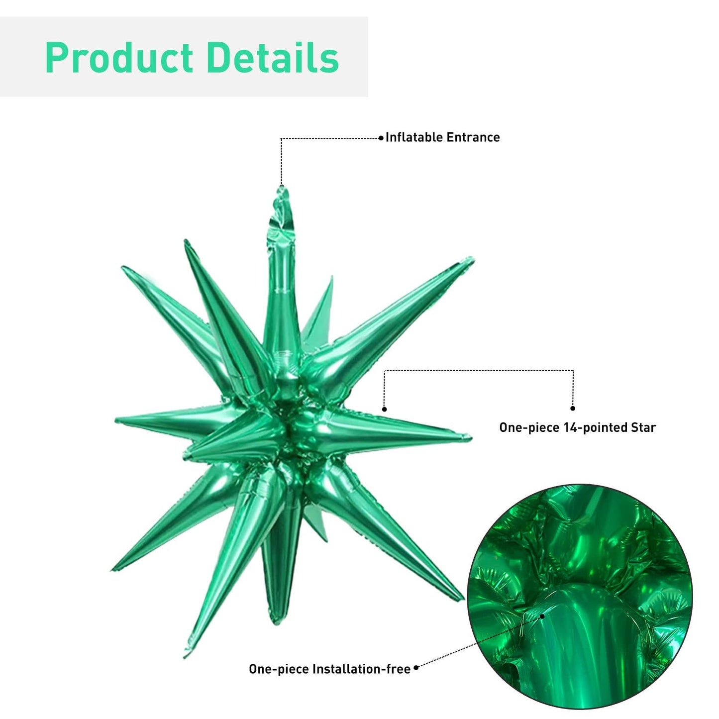 6 Pcs Green Star Foil Balloons One-Piece 14-Pointed Star Balloons 4D Starburst Cone Mylar Balloons 22Inch Christmas Birthday Wed