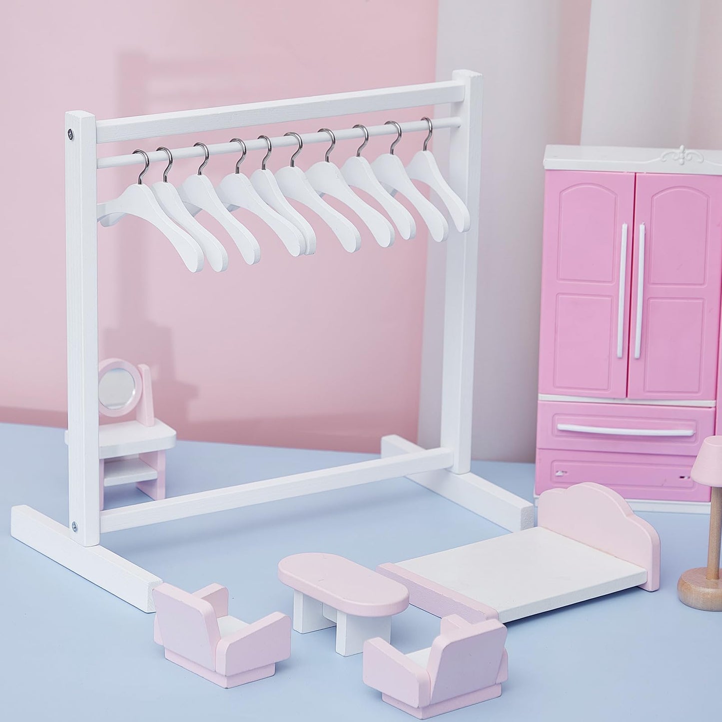 Civaner 22 Pcs Doll Garment Rack with Wooden Hangers for 18 Inch Dolls, White/Wood, Model CM-Civaner-3965